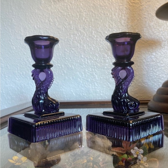 Vintage Amethyst Koi Fish candlesticks Deep Violet, Pair, Imperial Glass - Picture 7 of 16